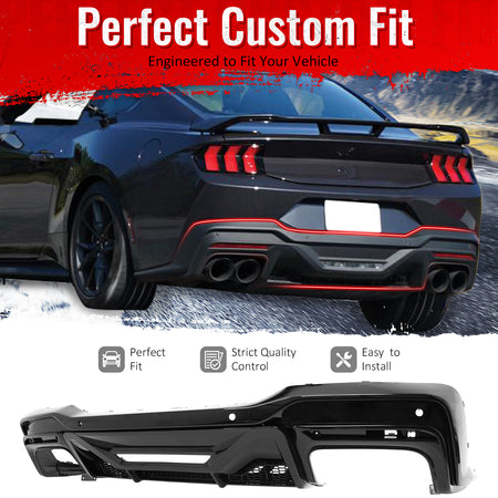 IKON MOTORSPORTS Rear Diffuser, Compatible with 2024-2026 Ford Mustang Dark Horse, Factory Style Gloss Black PP Polypropylene Shark Fin Rear Bumper Valance Spoiler, Air Dam Chin Splitter Molding 1PC
