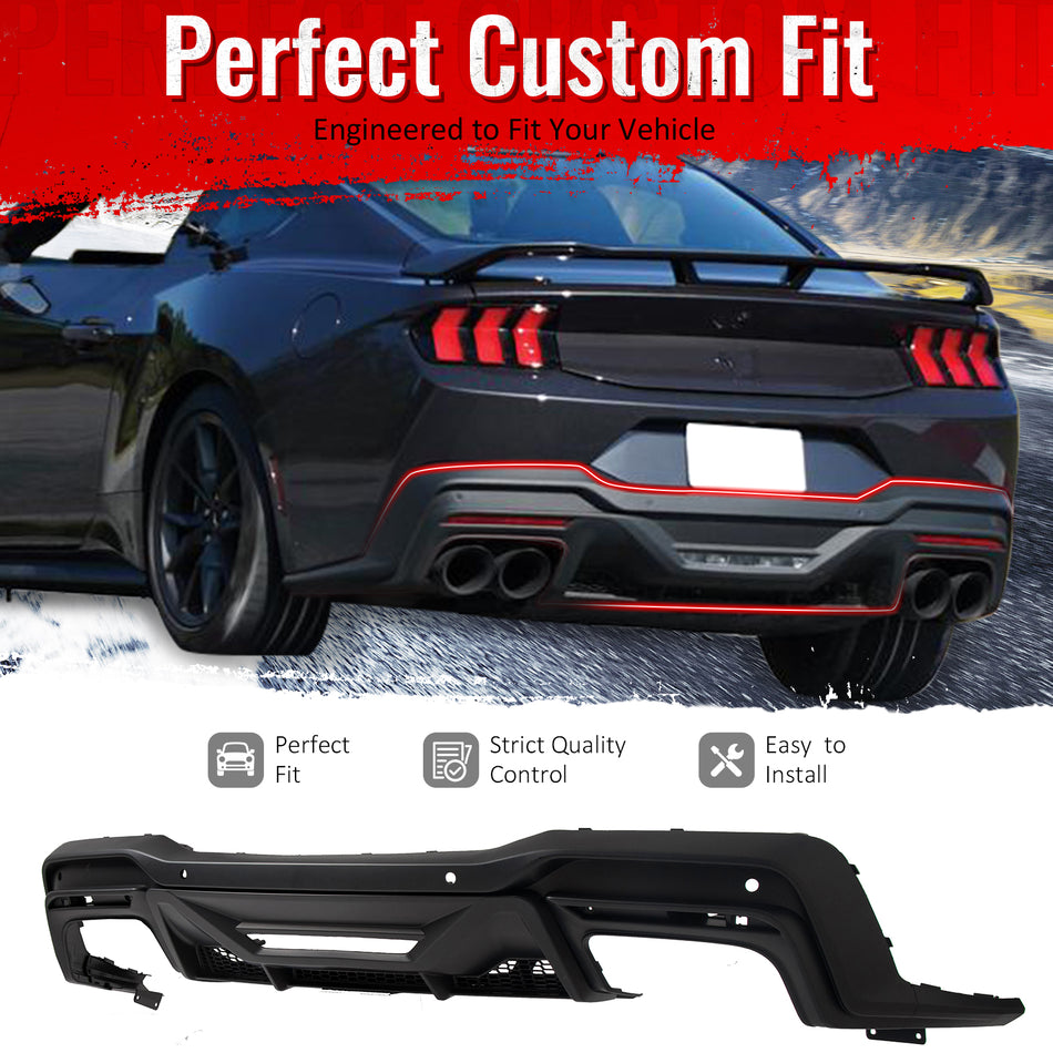 IKON MOTORSPORTS Rear Diffuser, Compatible with 2024-2026 Ford Mustang Dark Horse, Factory Style Matte Black PP Polypropylene Shark Fin Rear Bumper Valance Spoiler, Air Dam Chin Splitter Molding 1PC