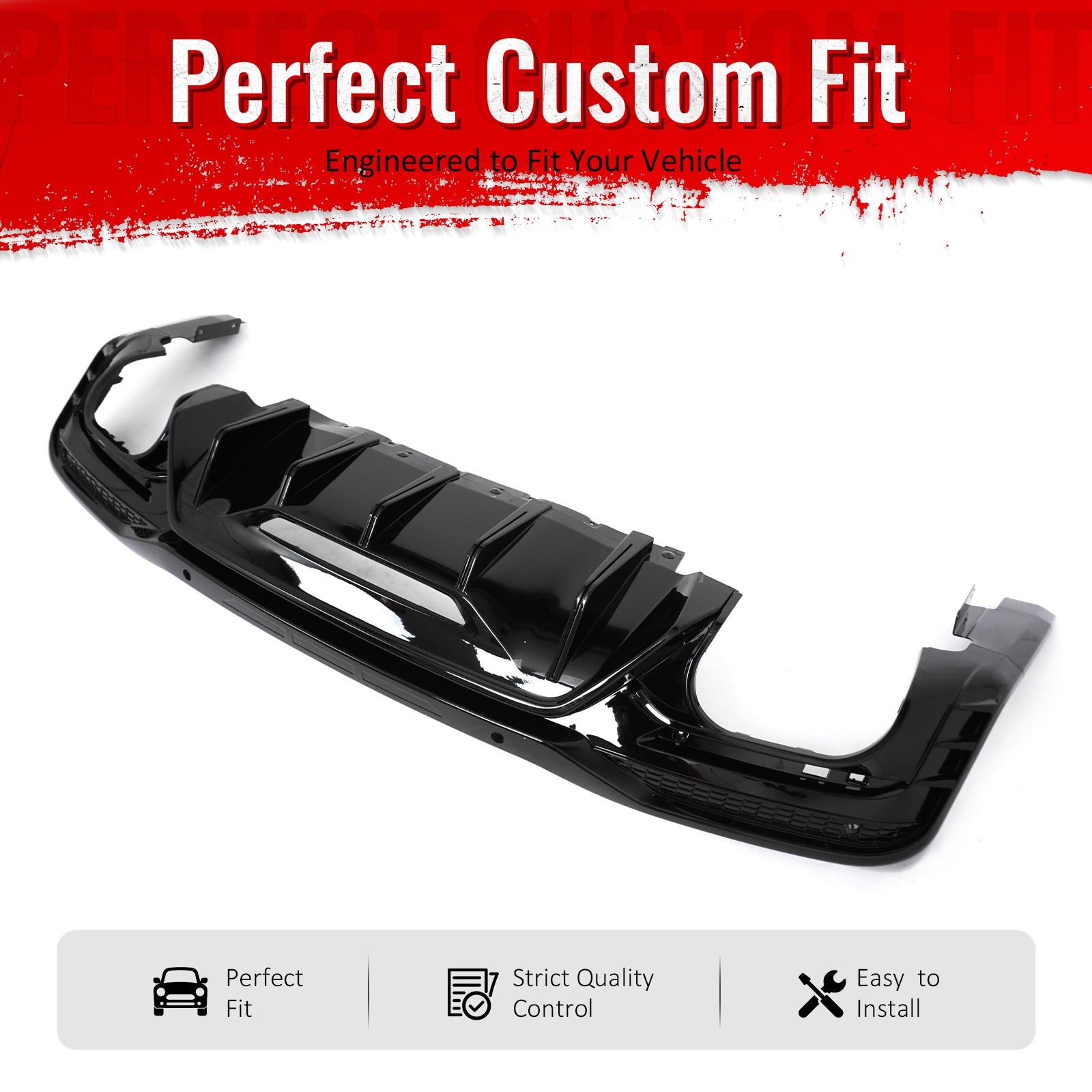 IKON MOTORSPORTS Rear Diffuser, Compatible with 2024-2026 Ford Mustang V6/GT, Rock Style Gloss Black PP Polypropylene Shark Fin Rear Bumper Valance Spoiler, Air Dam Chin Splitter Molding 1PC