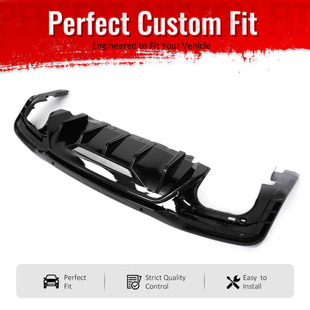 IKON MOTORSPORTS Rear Diffuser, Compatible with 2024-2026 Ford Mustang V6/GT, Rock Style Gloss Black PP Polypropylene Shark Fin Rear Bumper Valance Spoiler, Air Dam Chin Splitter Molding 1PC