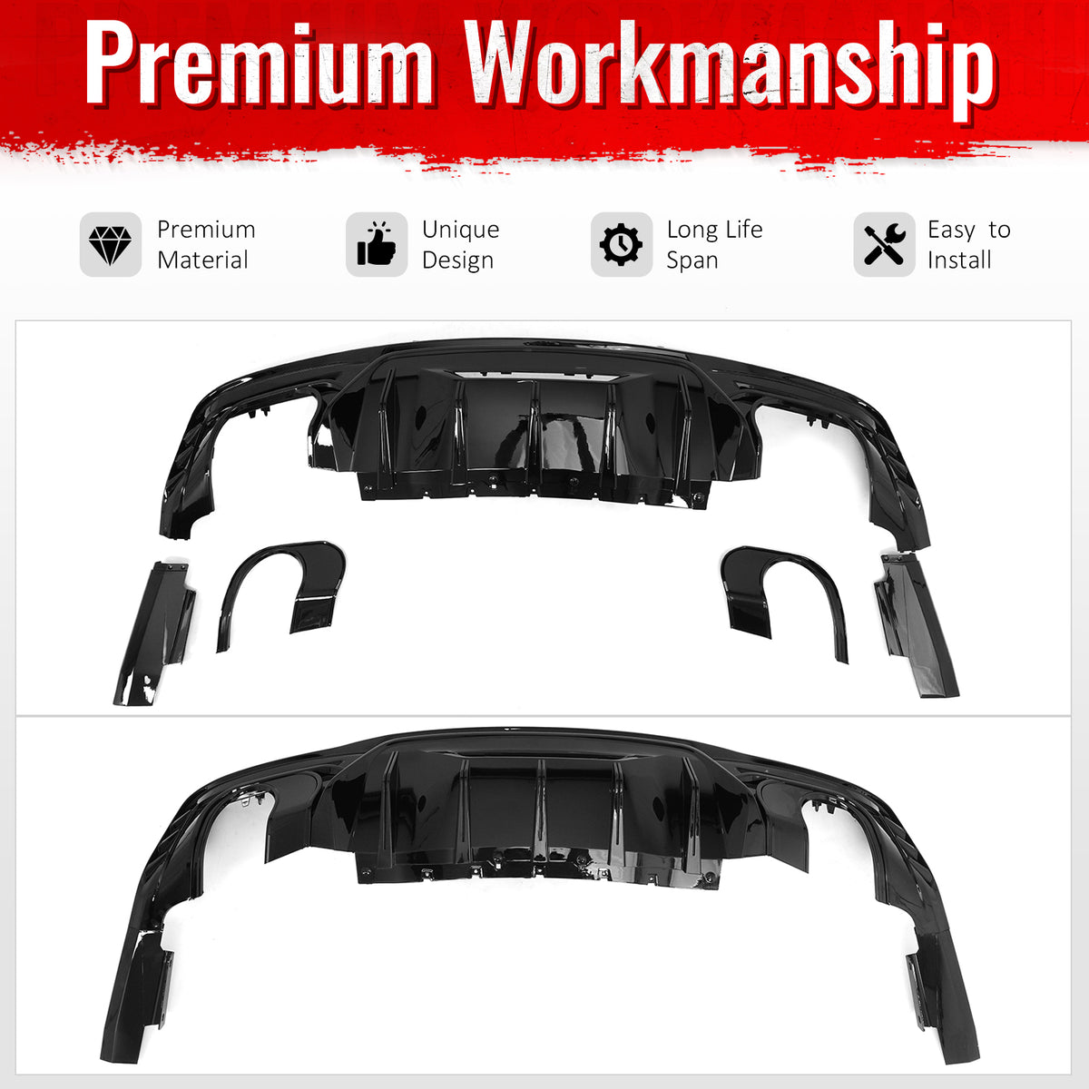 Fits 24-26 Ford Mustang V6/GT Rear Bumper Diffuser Rock Style Gloss Black Lip