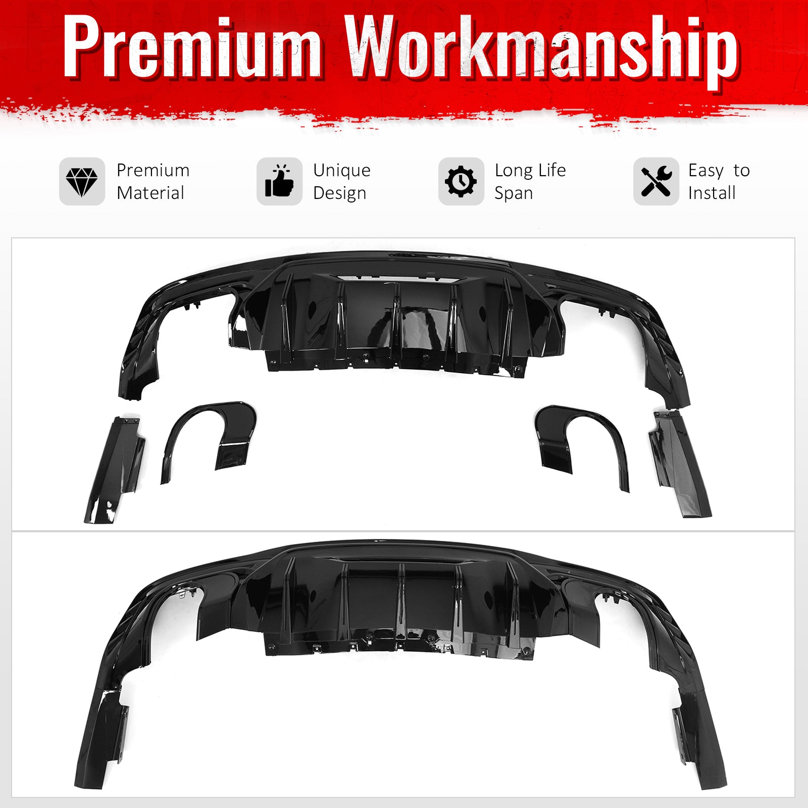 Fits 24-26 Ford Mustang V6/GT Rear Bumper Diffuser Rock Style Gloss Black Lip