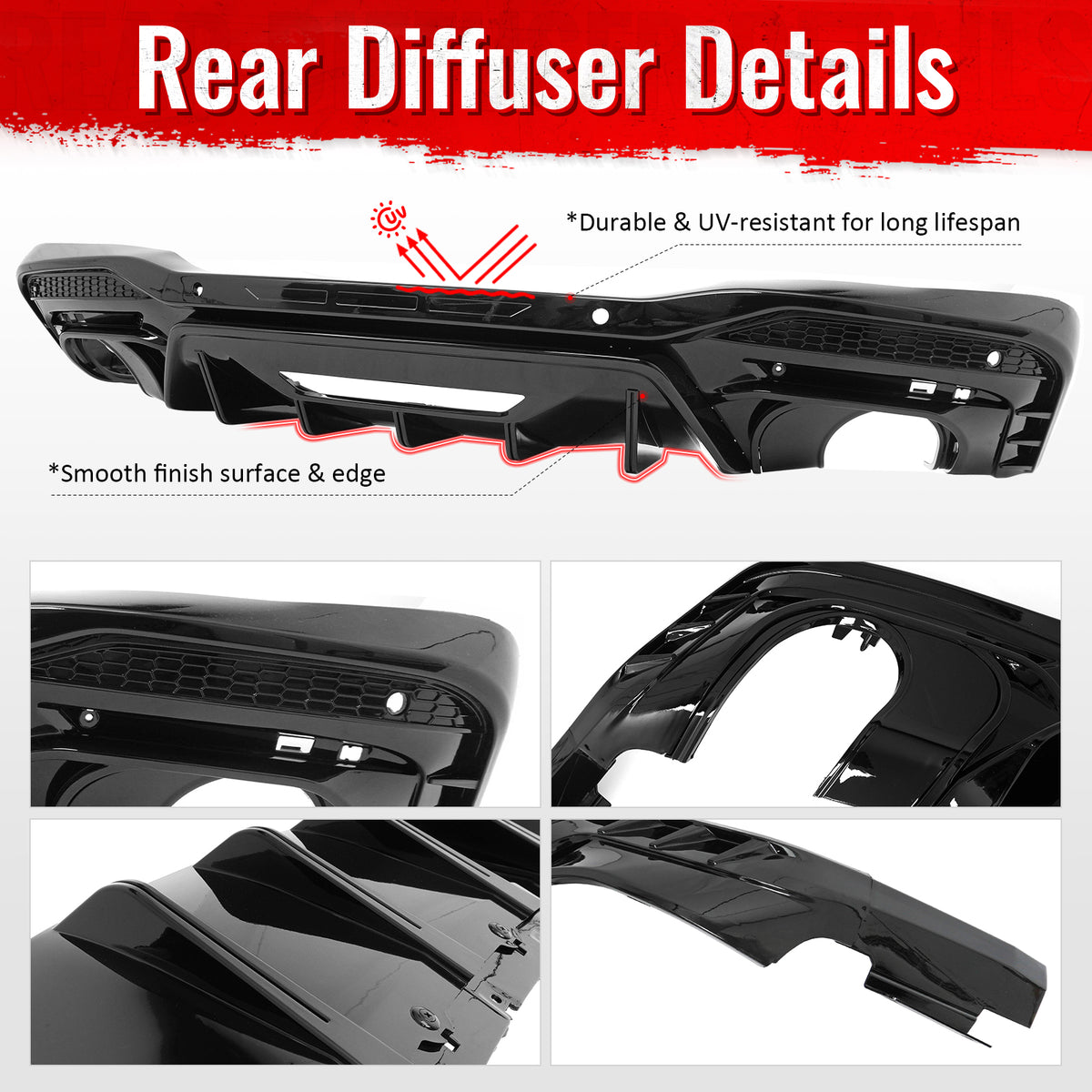 Fits 24-26 Ford Mustang V6/GT Rear Bumper Diffuser Rock Style Gloss Black Lip