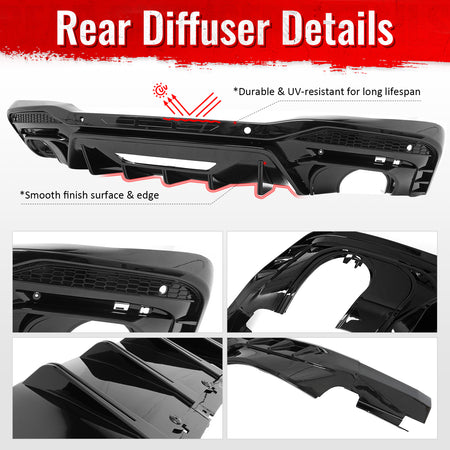 Fits 24-26 Ford Mustang V6/GT Rear Bumper Diffuser Rock Style Gloss Black Lip