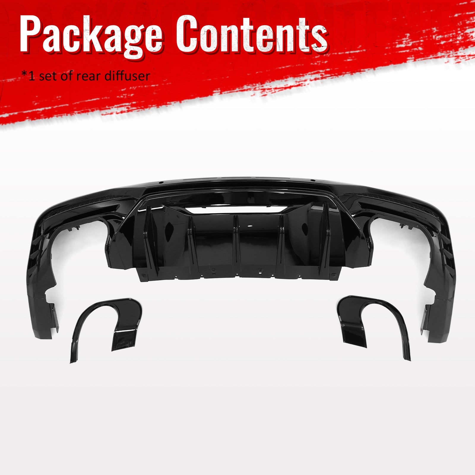 Fits 24-26 Ford Mustang V6/GT Rear Bumper Diffuser Rock Style Gloss Black Lip