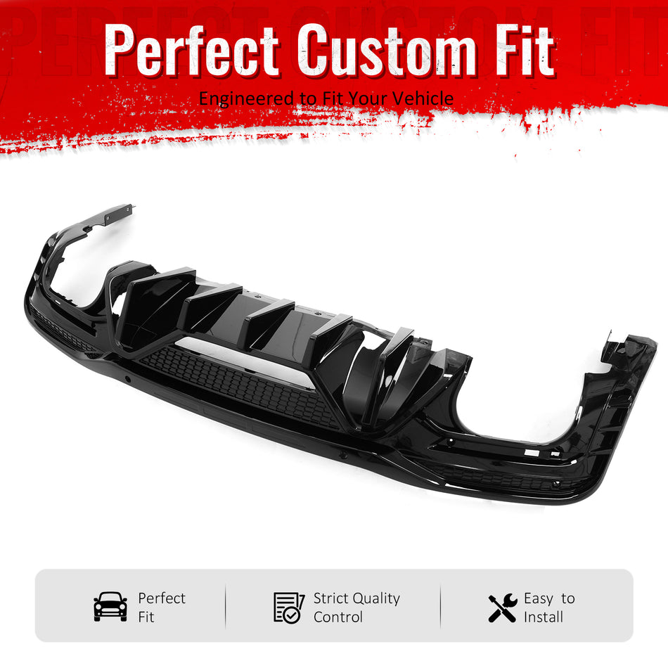 IKON MOTORSPORTS Rear Diffuser, Compatible with 2024-2026 Ford Mustang V6/GT, Speed Style Gloss Black PP Polypropylene Shark Fin Rear Bumper Valance Spoiler, Air Dam Chin Splitter Molding 1PC