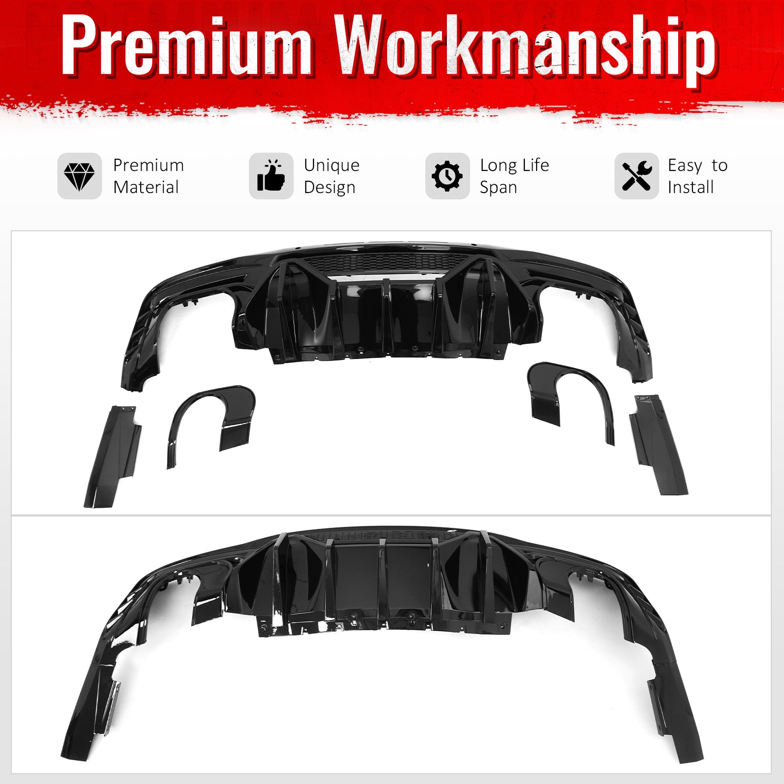 Fits 24-26 Ford Mustang V6/GT Rear Bumper Diffuser Speed Style Gloss Black Lip