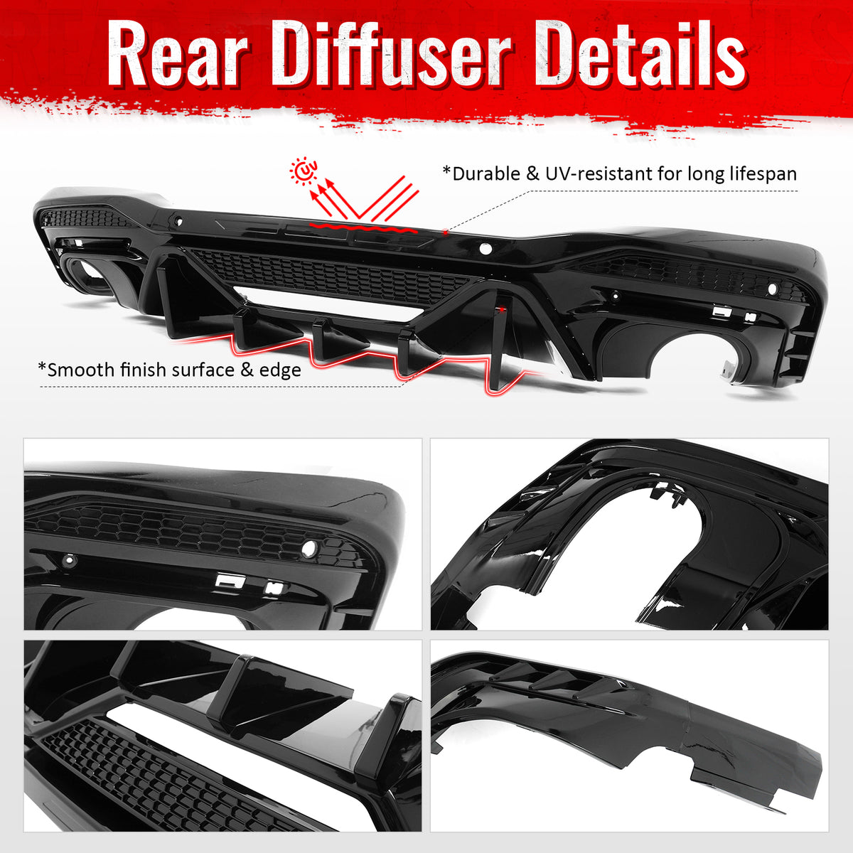 Fits 24-26 Ford Mustang V6/GT Rear Bumper Diffuser Speed Style Gloss Black Lip