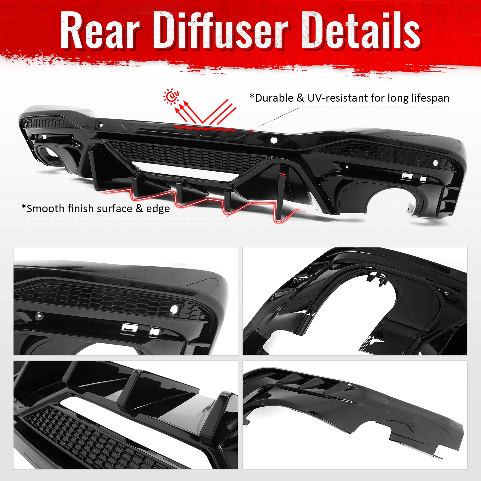Fits 24-26 Ford Mustang V6/GT Rear Bumper Diffuser Speed Style Gloss Black Lip