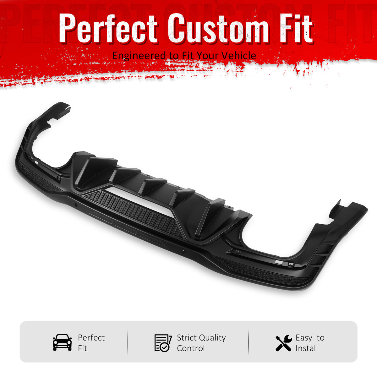 IKON MOTORSPORTS Rear Diffuser, Compatible with 2024-2026 Ford Mustang V6/GT, Speed Style Matte Black PP Polypropylene Shark Fin Rear Bumper Valance Spoiler, Air Dam Chin Splitter Molding 1PC