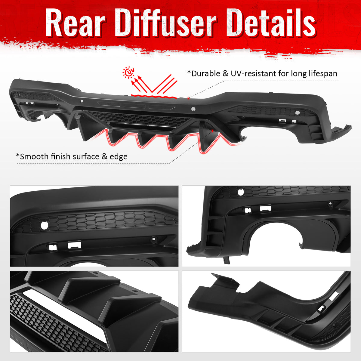 Fits 24-26 Ford Mustang V6/GT Rear Bumper Diffuser Speed Style Matte Black Lip