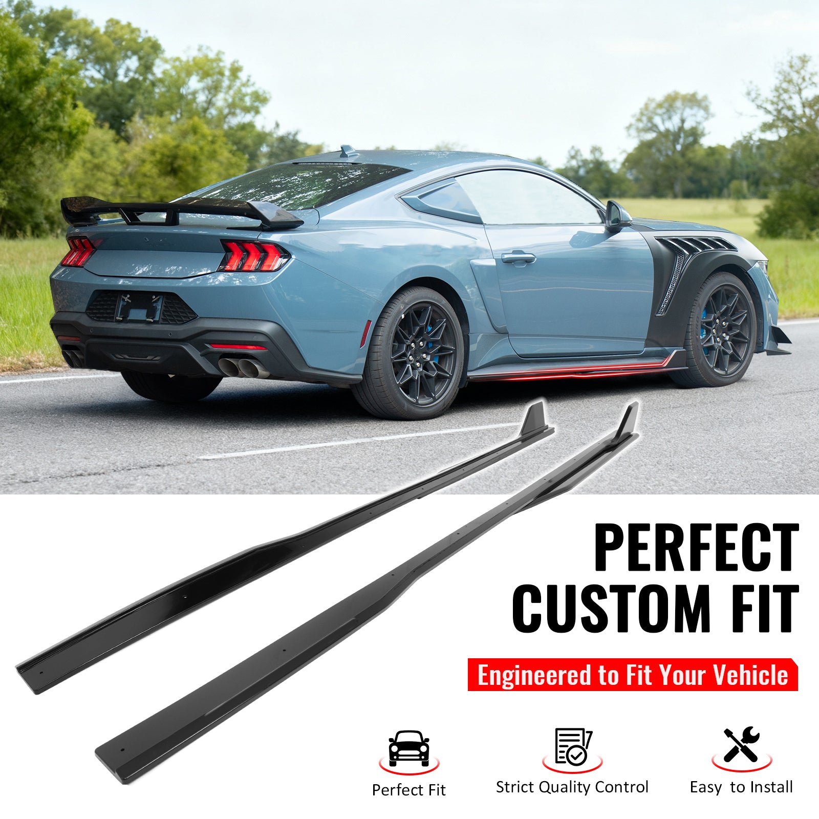 IKON MOTORSPORTS, Side Skirts Extension Compatible with 2024-2026 Ford Mustang Dark Horse/EcoBoost/GT, GT500 Style ABS Plastic Gloss Black Rocker Panel Splitter Side Underbody Spoiler
