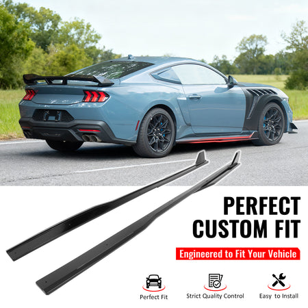 IKON MOTORSPORTS, Side Skirts Extension Compatible with 2024-2026 Ford Mustang Dark Horse/EcoBoost/GT, GT500 Style ABS Plastic Gloss Black Rocker Panel Splitter Side Underbody Spoiler