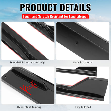 For 24-26 Ford Mustang Side Skirts GT500 Style Rocker Panel Gloss Black Splitter
