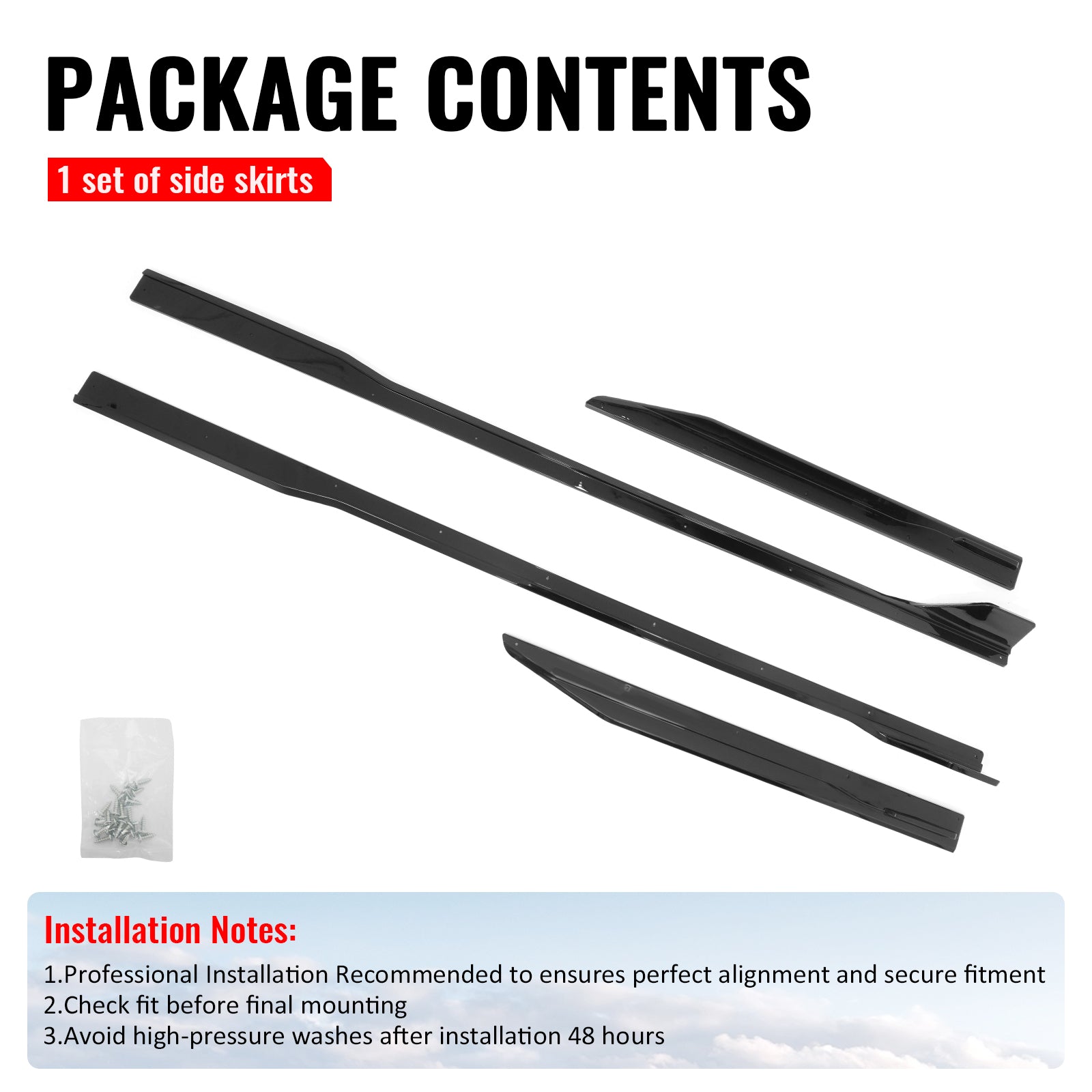 For 24-26 Ford Mustang Side Skirts GT500 Style Rocker Panel Gloss Black Splitter