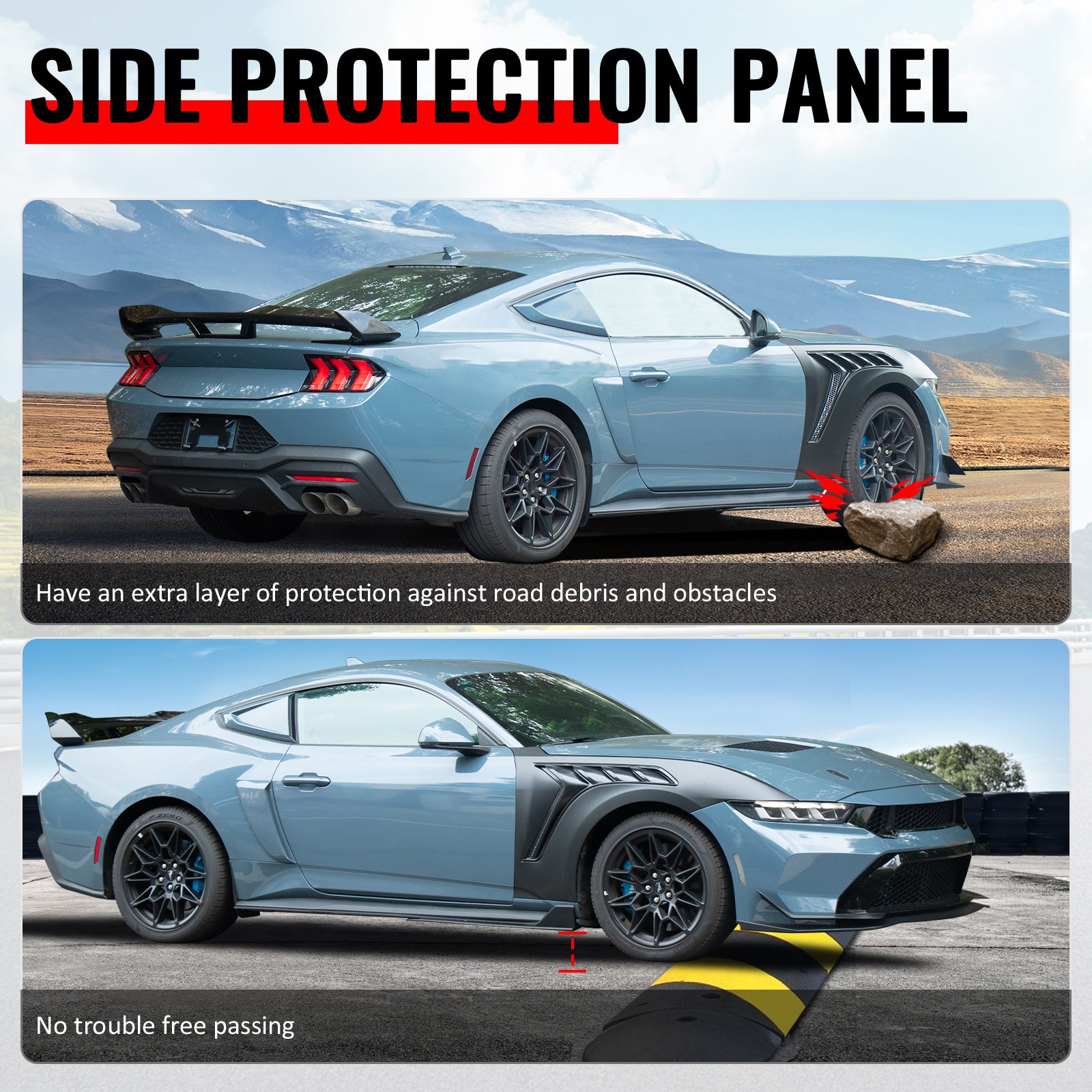 For 24-26 Ford Mustang Side Skirts GT500 Style Rocker Panel Gloss Black Splitter