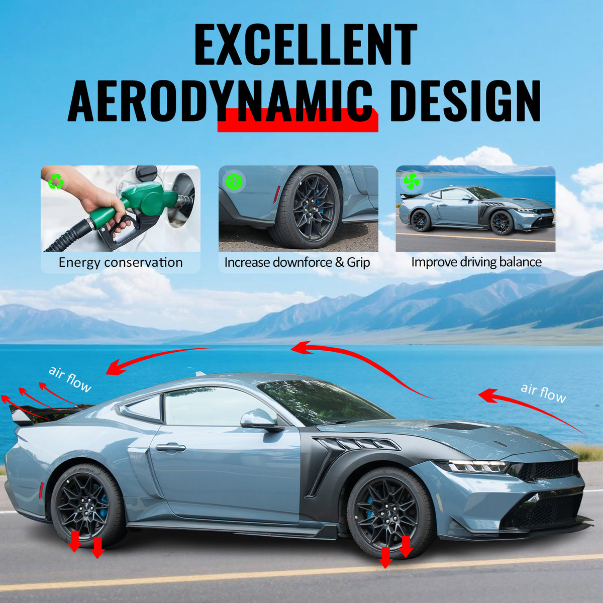 For 24-26 Ford Mustang Side Skirts GT500 Style Rocker Panel Gloss Black Splitter