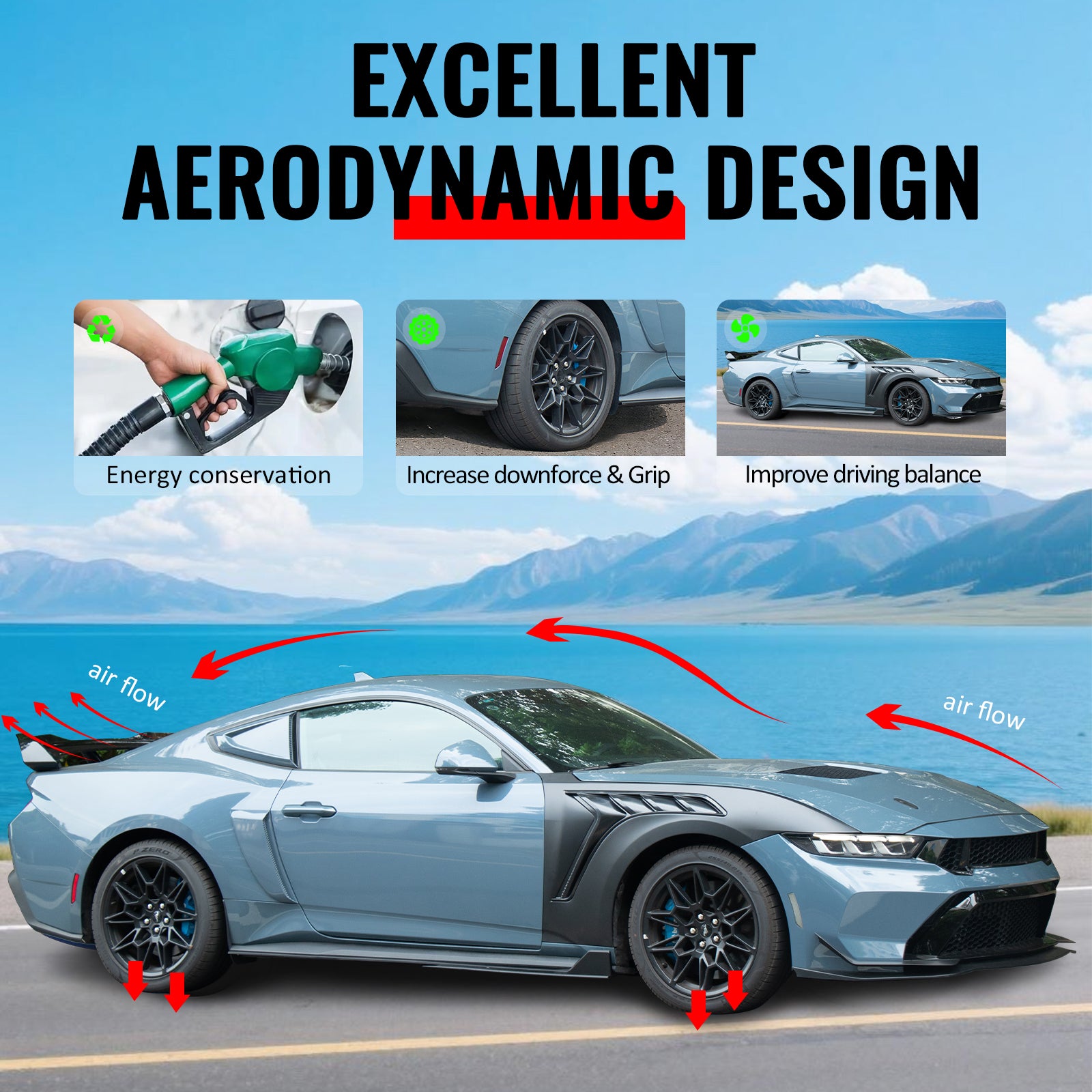 For 24-26 Ford Mustang Side Skirts GT500 Style Rocker Panel Gloss Black Splitter