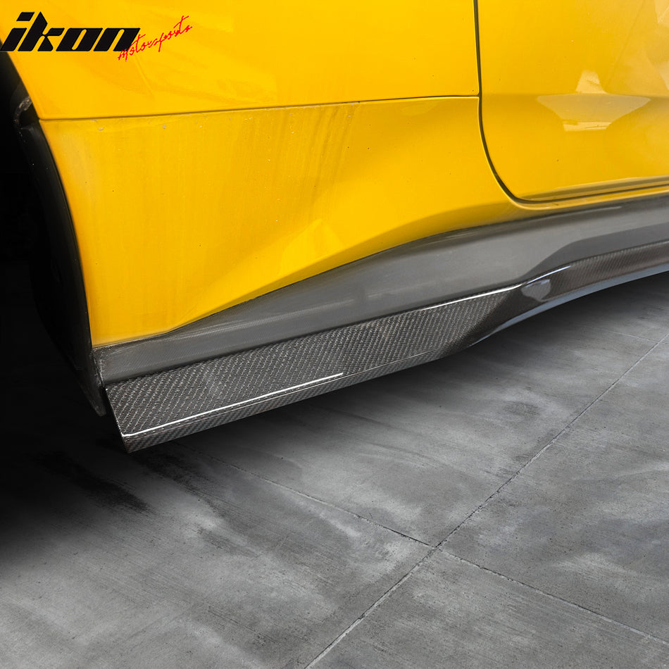 IKON MOTORSPORTS, Side Skirts Extension Compatible with 2024-2026 Ford Mustang, R Style Carbon Fiber CF Add On Rocker Panel Splitter Side Underbody Spoiler