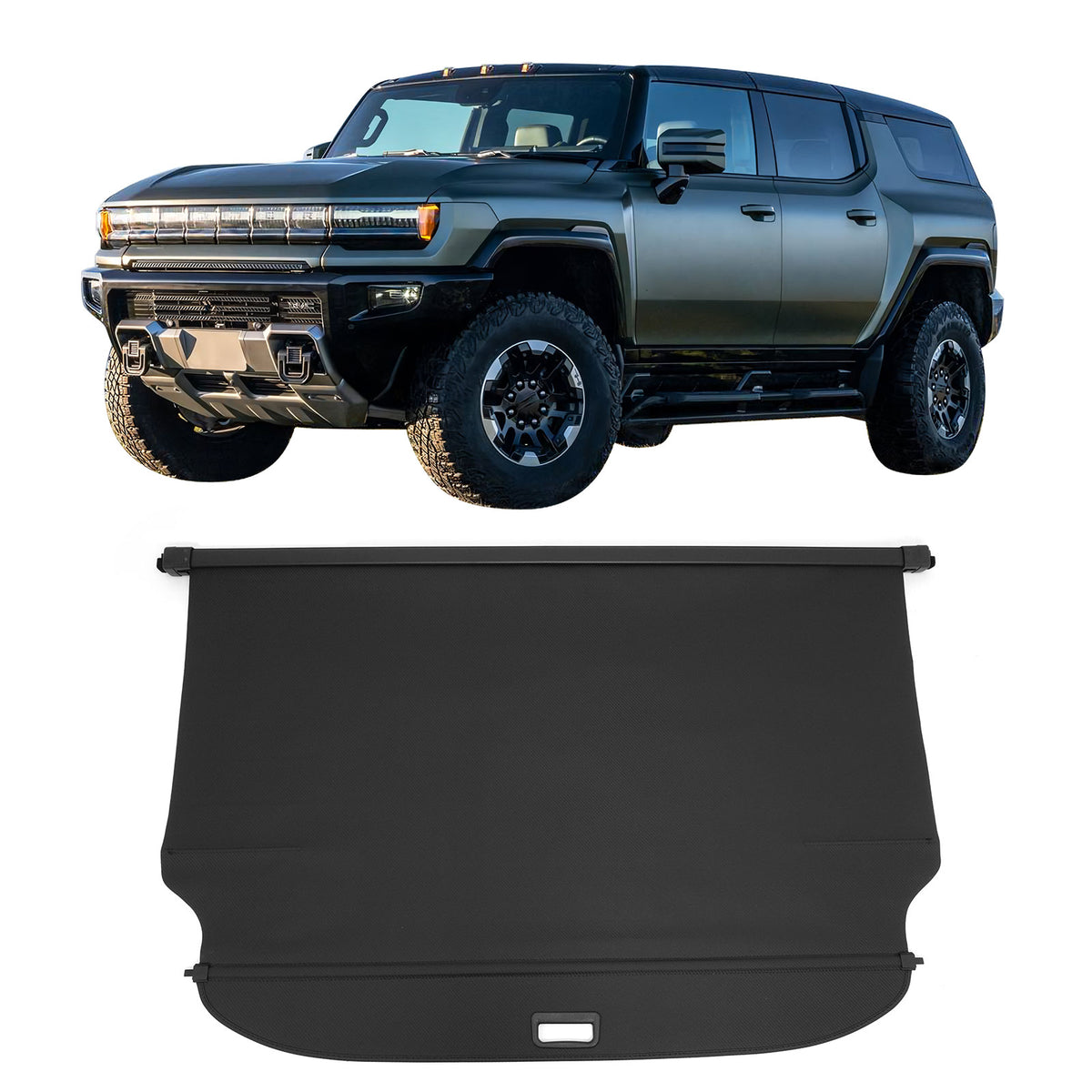 IKON MOTORSPORTS, Rear Retractable Cargo Cover, Compatible with 2024-2026 GMC Hummer EV SUV, ABS Aluminum Vinyl Trunk Security Luggage Shield Shade, Carbon Fiber Texture