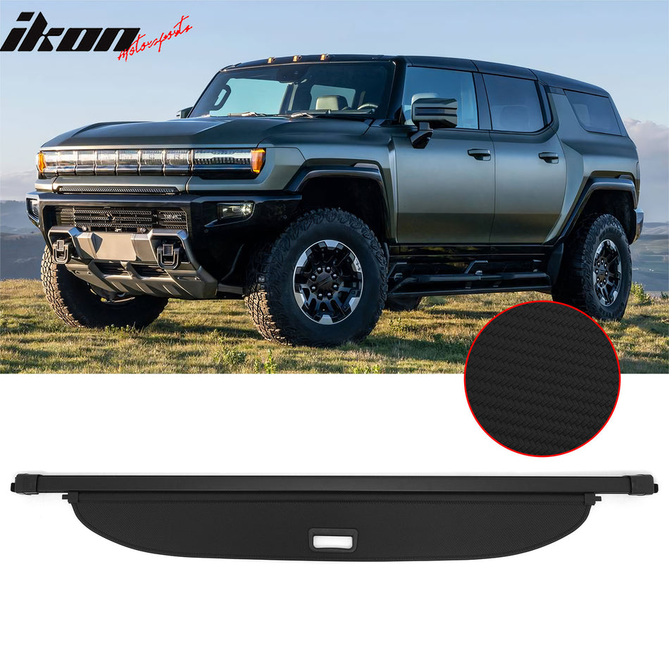 IKON MOTORSPORTS, Rear Retractable Cargo Cover + TPE Backrest Mat, Compatible with 2024-2026 GMC Hummer EV SUV, ABS Aluminum Vinyl Trunk Security Luggage Shield Shade, Carbon Fiber Texture