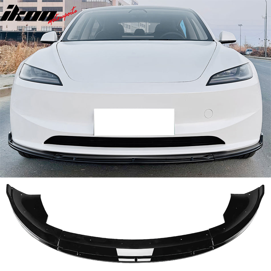 2024-2026 Tesla Model 3 (Not Fit Performance) 3PCS Front Lower Bumper Lip Air Dam Chin Spoiler Splitter IKON V4 Style Painted Gloss Black ABS Plastic