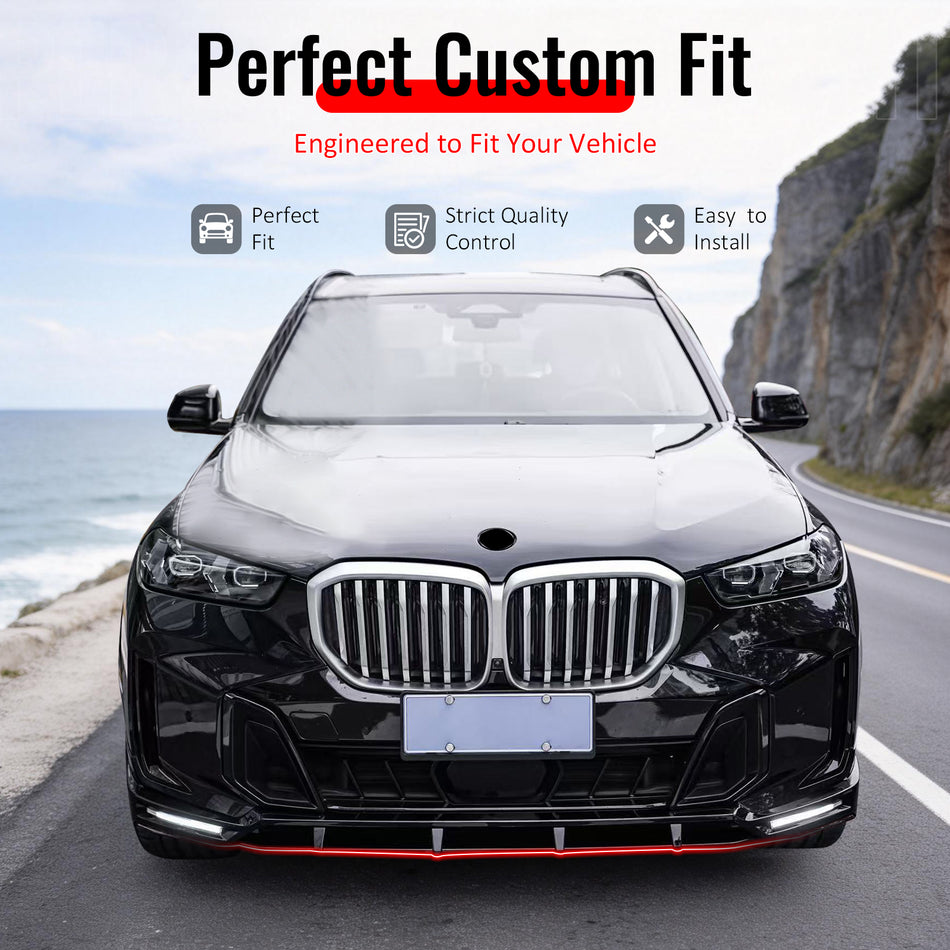 IKON MOTORSPORTS Front Bumper Lip with LED Daytime Running Light, Compatible with 2024-2026 BMW G05 X5 LCI, IKON Style Gloss Black ABS Air Dam Chin Spoiler Protector Splitter 6PCS