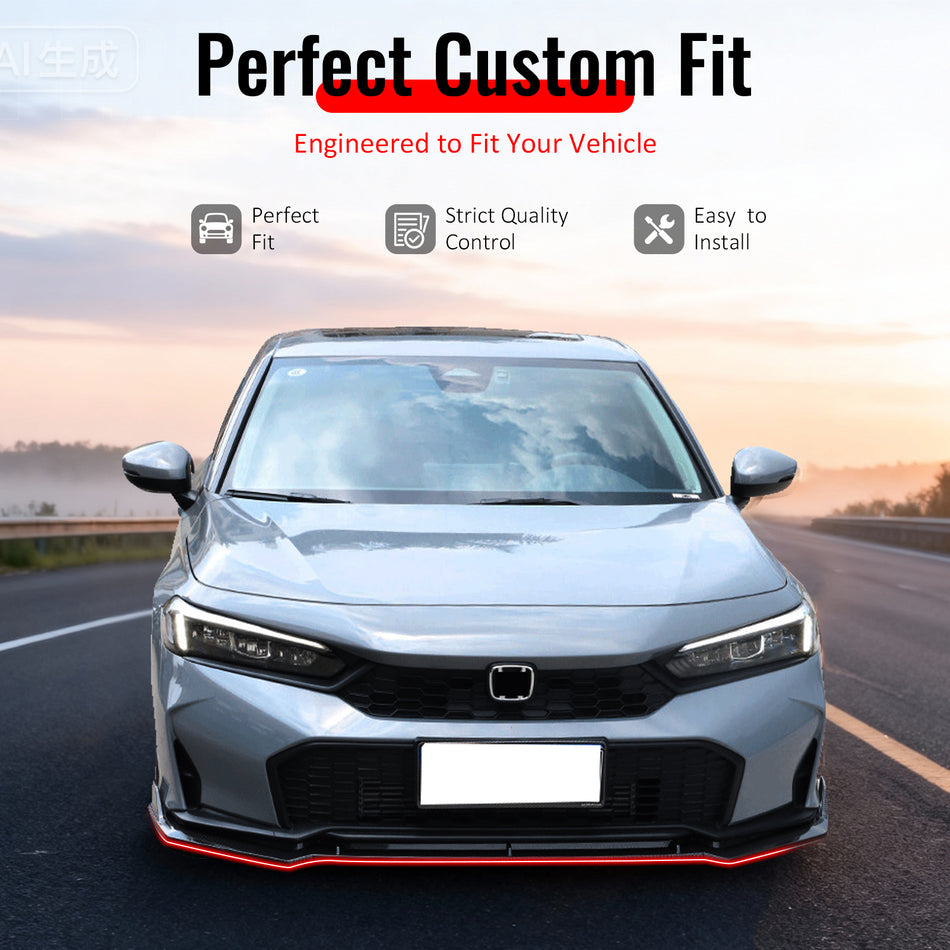 IKON MOTORSPORTS Front Bumper Lip, Compatible with 2025-2026 Honda Civic Sedan & Hatchback (Not Fit Type R), IKON V2 Style PP Air Dam Chin Spoiler Protector Splitter 3PCS