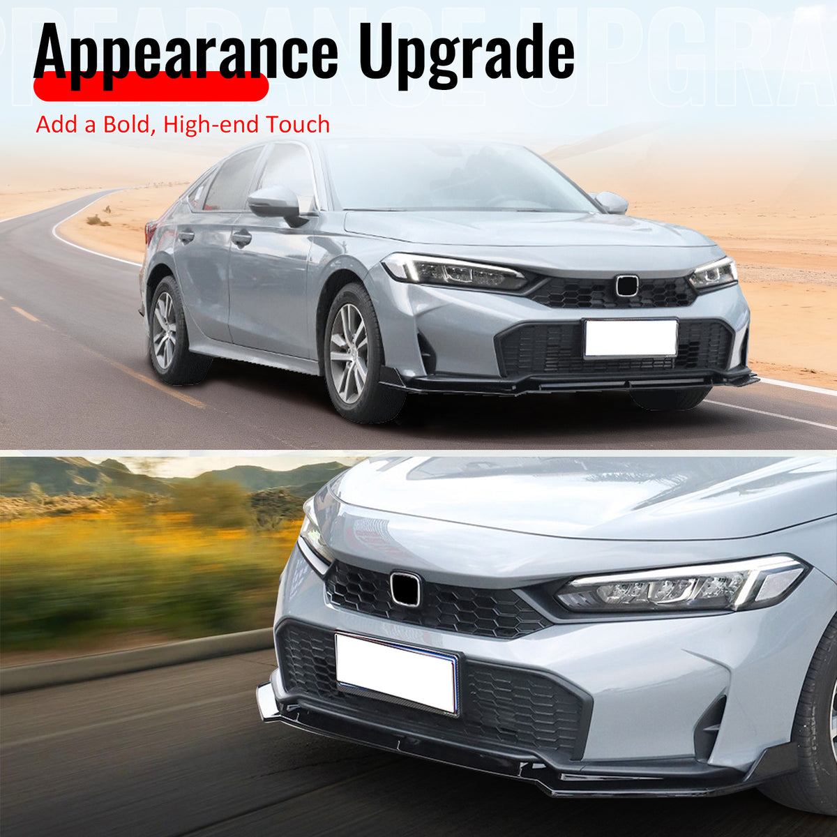 IKON MOTORSPORTS Front Bumper Lip, Compatible with 2025-2026 Honda Civic Sedan & Hatchback (Not Fit Type R), IKON V2 Style PP Air Dam Chin Spoiler Protector Splitter 3PCS