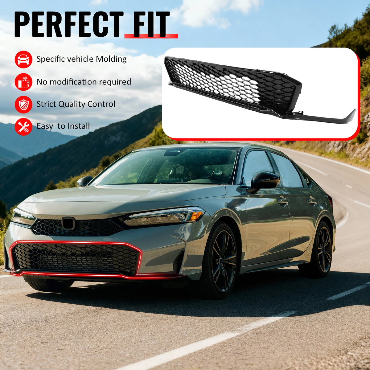 IKON MOTORSPORTS Front Lower Grille, Compatible with 2025-2026 Honda Civic 11.5th Gen Sedan & Hatchback, Type R TR Style Gloss Black ABS Replacement Clip on Front Bumper Hood Grill 1PC