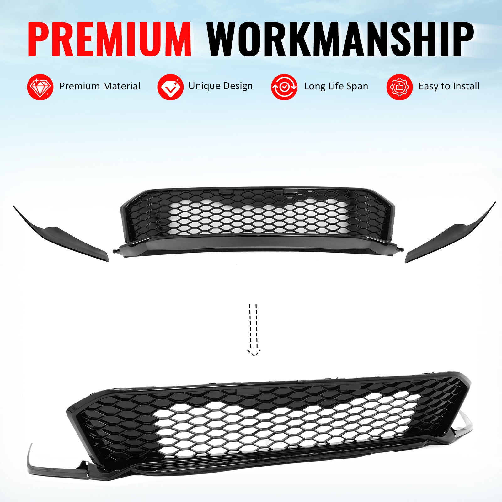 Fits 25-26 Honda Civic Type R Style Front Bumper Lower Grille ABS Gloss Black