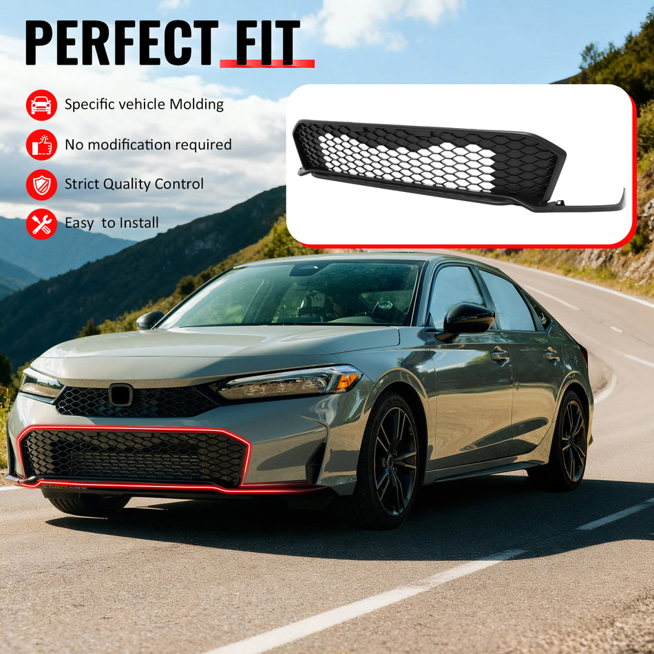 IKON MOTORSPORTS Front Lower Grille, Compatible with 2025-2026 Honda Civic 11.5th Gen Sedan & Hatchback, Type R TR Style Matte Black ABS Replacement Clip on Front Bumper Hood Grill 1PC