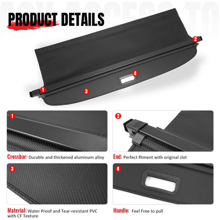 IKON MOTORSPORTS, Rear Retractable Cargo Cover, Compatible with 2025-2026 Nissan Murano, ABS Aluminum Vinyl Trunk Security Luggage Shield Shade, Carbon Fiber Texture