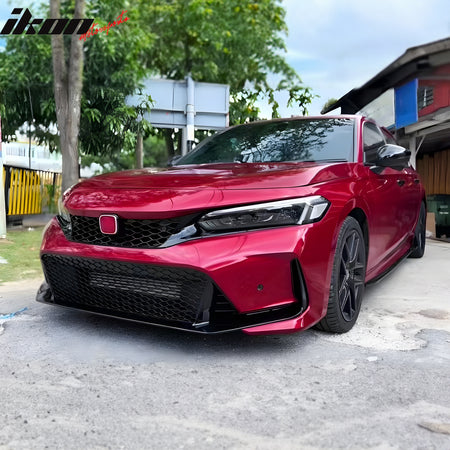 IKON MOTORSPORTS Front Bumper Covers, Compatible with 2025-2026 Honda Civic Sedan/Si/Hatchback, Type R Style Unpainted PP Bumper Conversion Bodykit + Gloss Black ABS Grilles + Upper Trim