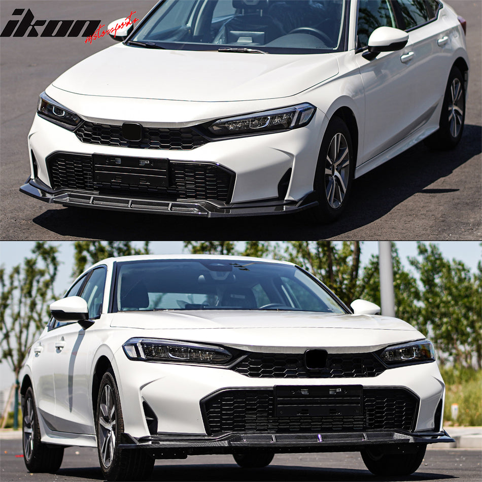IKON MOTORSPORTS Front Bumper Lip, Compatible with 2025-2026 Honda Civic Sedan & Hatchback (Not Fit Type R), IKON Style Carbon Fiber Print PP Polypropylene Air Dam Chin Spoiler Protector Splitter 3PCS