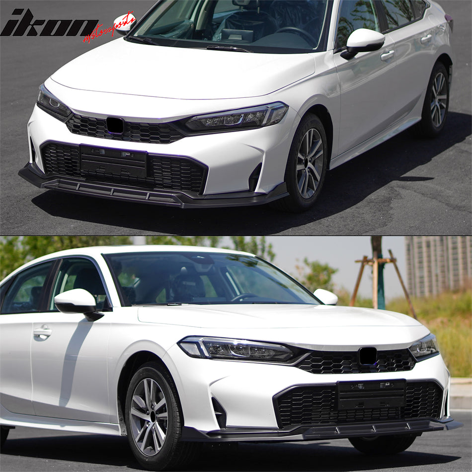 IKON MOTORSPORTS Front Bumper Lip, Compatible with 2025-2026 Honda Civic Sedan & Hatchback (Not Fit Type R), IKON Style Matte Black PP Polypropylene Air Dam Chin Spoiler Protector Splitter 3PCS