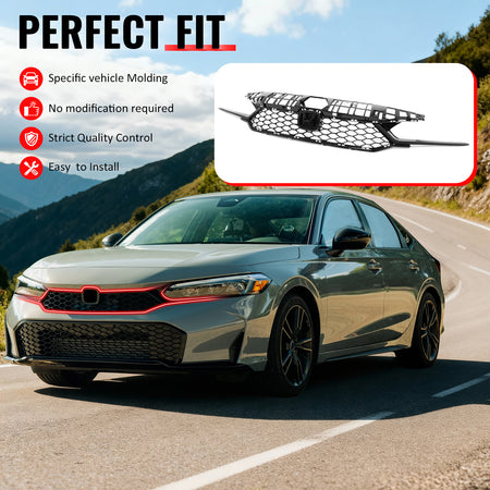 IKON MOTORSPORTS Front Upper Grille, Compatible with 2025-2026 Honda Civic 11.5th Gen Sedan & Hatchback, Type R TR Style Gloss Black ABS Replacement Clip on Front Bumper Hood Grill 1PC