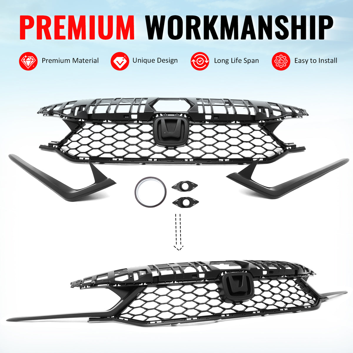 Fits 25-26 Honda Civic Type R Style Front Bumper Upper Grille ABS Matte Black