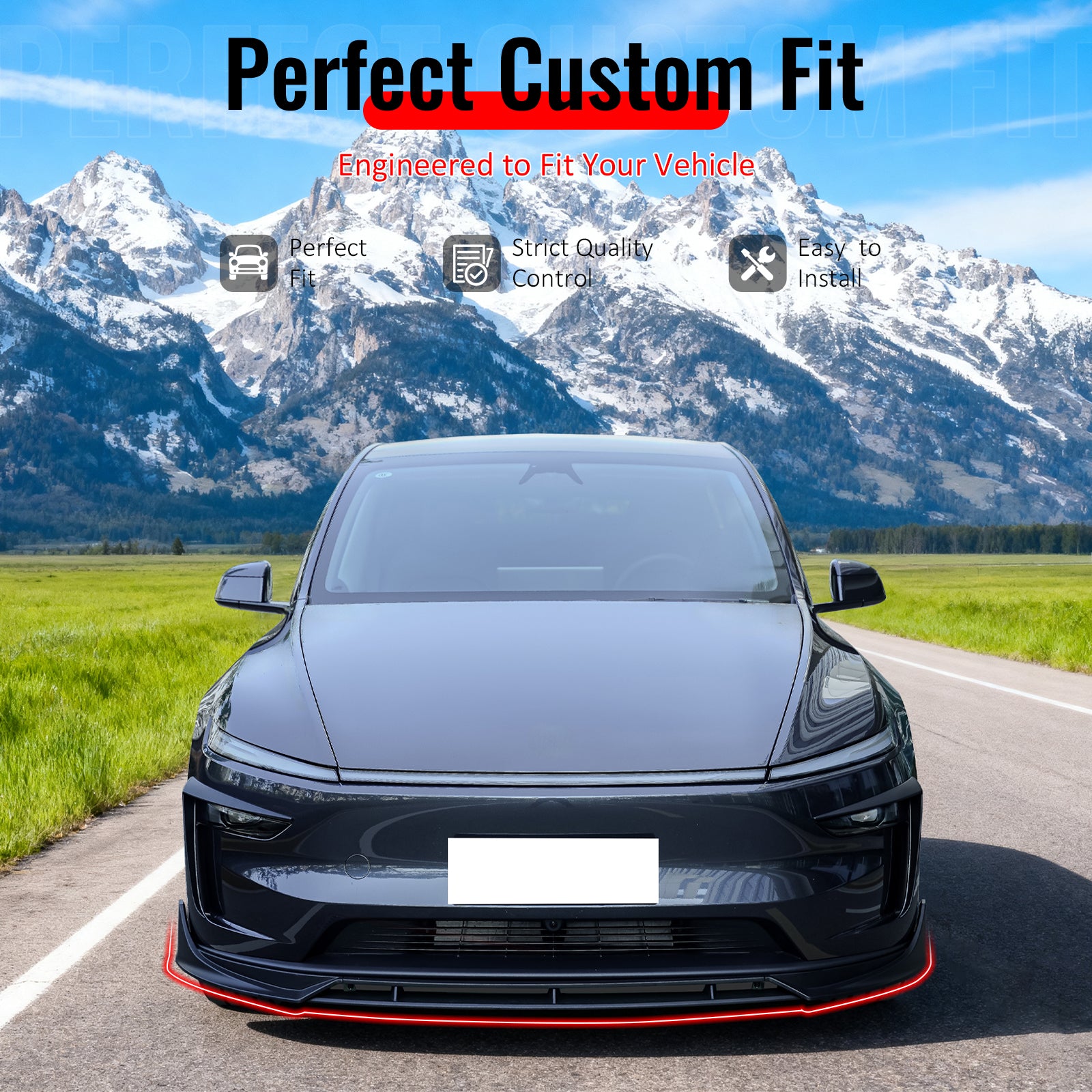 IKON MOTORSPORTS Front Bumper Lip, Compatible with 2025-2026 Tesla Model Y Juniper, IKON Style Matte Black ABS Plastic Air Dam Chin Spoiler Protector Splitter 4PCS