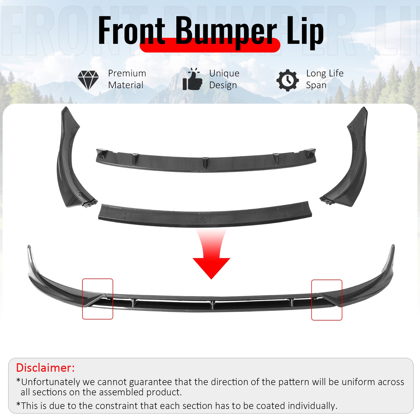Fits 25-26 Tesla Model Y Juniper Front Bumper Lip 4PC Carbon Fiber Print Spoiler