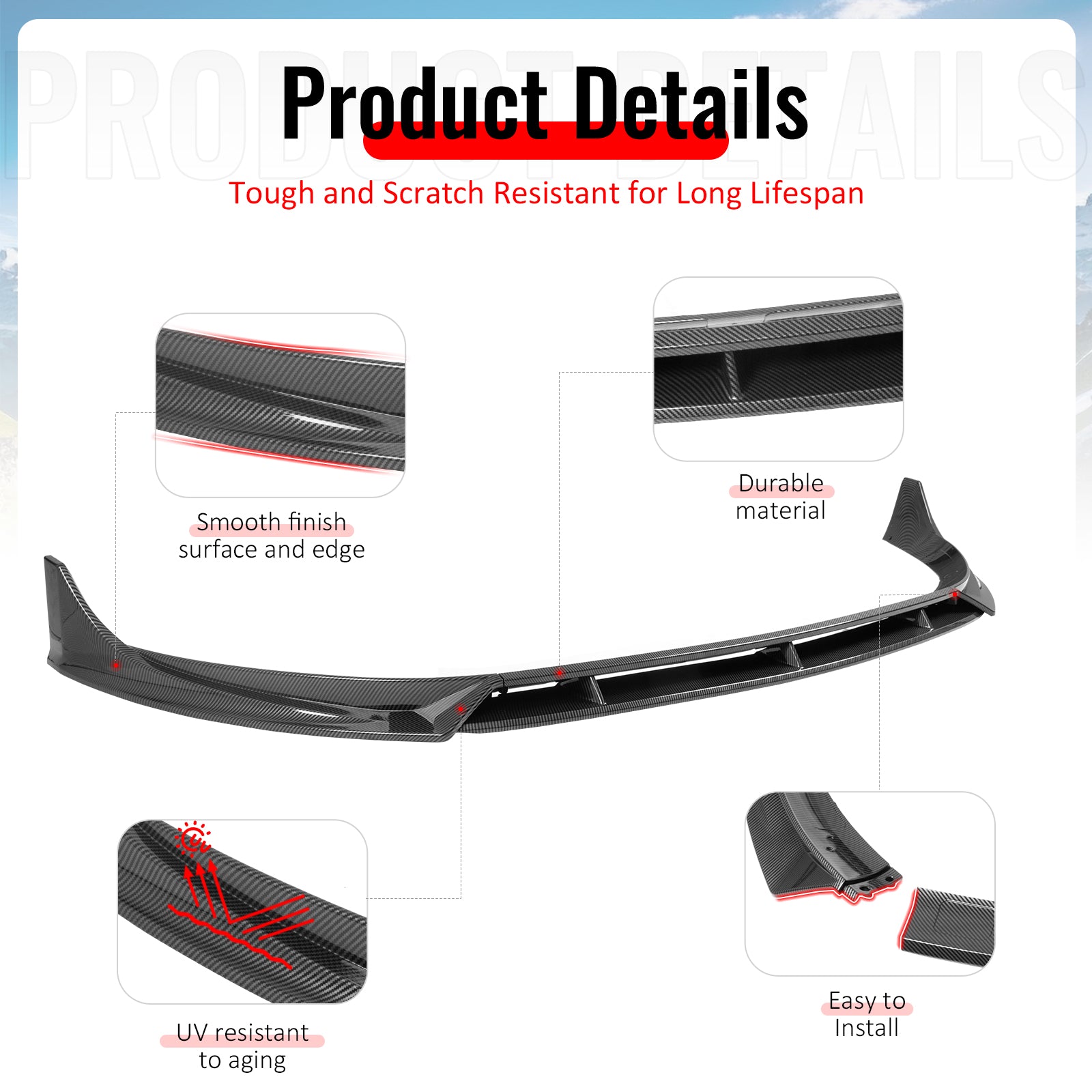 Fits 25-26 Tesla Model Y Juniper Front Bumper Lip 4PC Carbon Fiber Print Spoiler
