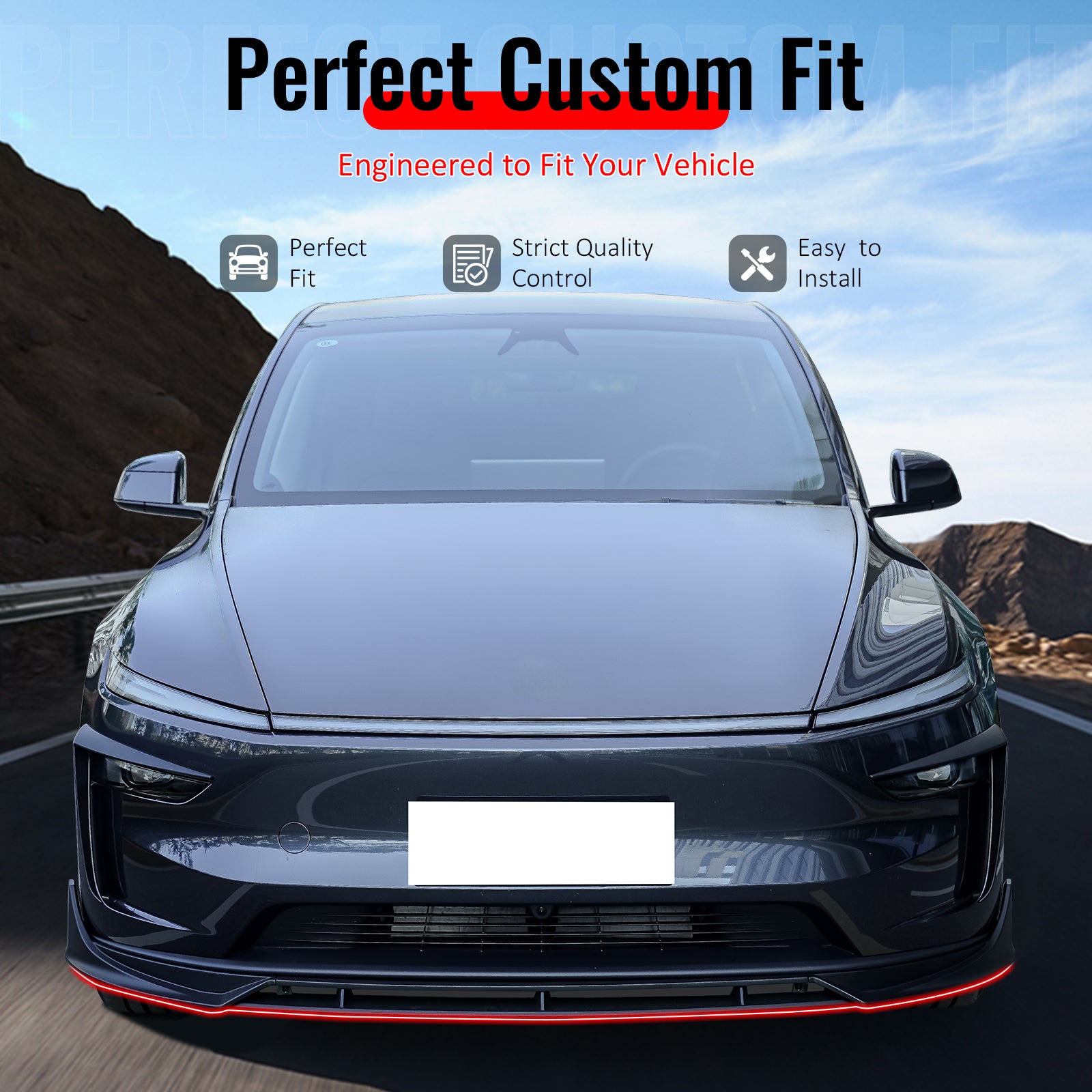 IKON MOTORSPORTS Front Bumper Lip, Compatible with 2025-2026 Tesla Model Y Juniper, IKON Style Gloss Black ABS Plastic Air Dam Chin Spoiler Protector Splitter 4PCS