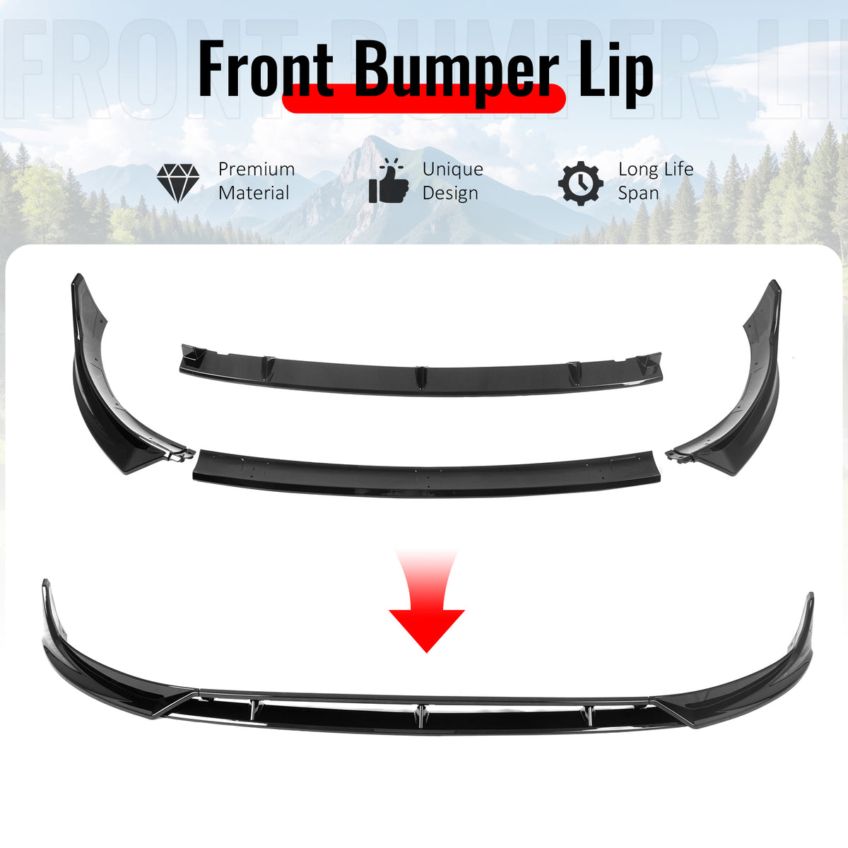 Fits 25-26 Tesla Model Y Juniper Front Bumper Lip 4PC Gloss Black Car Spoiler