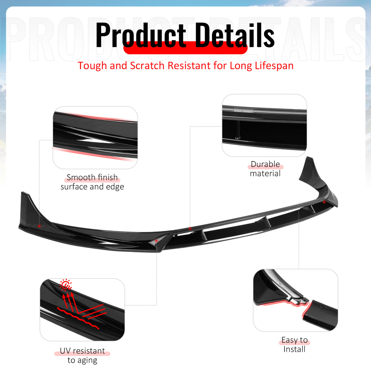 Fits 25-26 Tesla Model Y Juniper Front Bumper Lip 4PC Gloss Black Car Spoiler