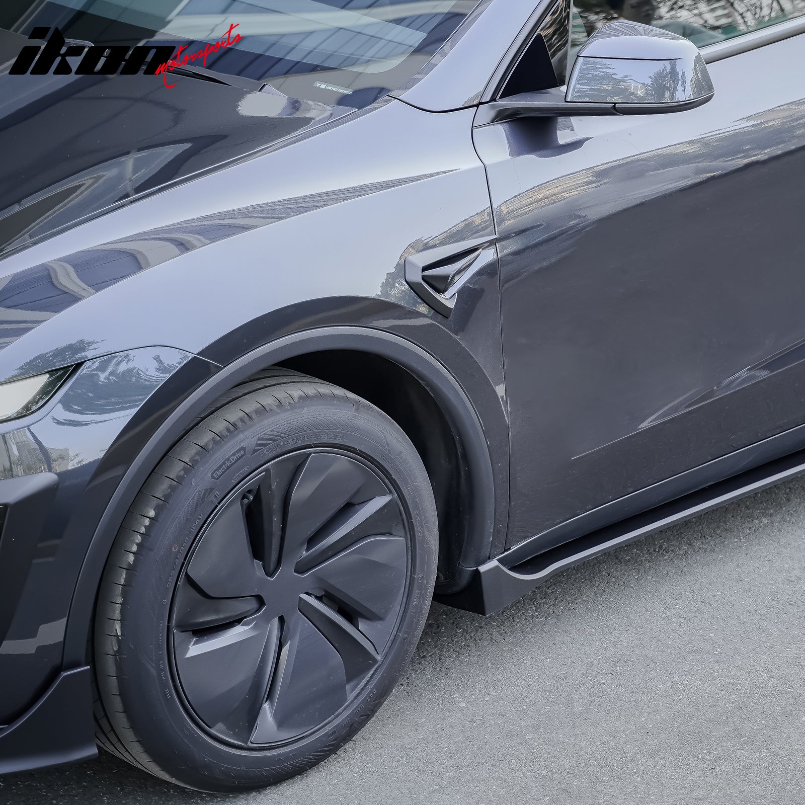 IKON MOTORSPORTS, Side Fender Trim Compatible with 2025-2026 Tesla Model Y Juniper, IKON Style Vent Molding Cover ABS Plastic Air Flow Intake Decor 2PC Matte Black Garnish Spoiler Fin