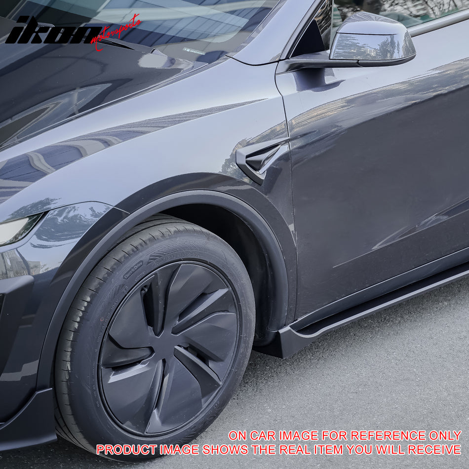 IKON MOTORSPORTS, Side Fender Trim Compatible with 2025-2026 Tesla Model Y Juniper, IKON Style Vent Molding Cover ABS Plastic Air Flow Intake Decor 2PC Carbon Fiber Print Garnish Spoiler Fin