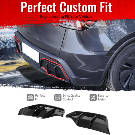 IKON MOTORSPORTS Rear Aprons, Compatible with 2025-2026 Tesla Model Y Juniper,  IKON Style PP Polypropylene PP Gloss Black Rear Bumper Lip Lower Side Spat Valance Winglet Canard Protector 2PCS