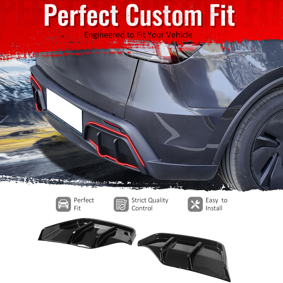IKON MOTORSPORTS Rear Aprons, Compatible with 2025-2026 Tesla Model Y Juniper,  IKON Style PP Polypropylene PP Gloss Black Rear Bumper Lip Lower Side Spat Valance Winglet Canard Protector 2PCS
