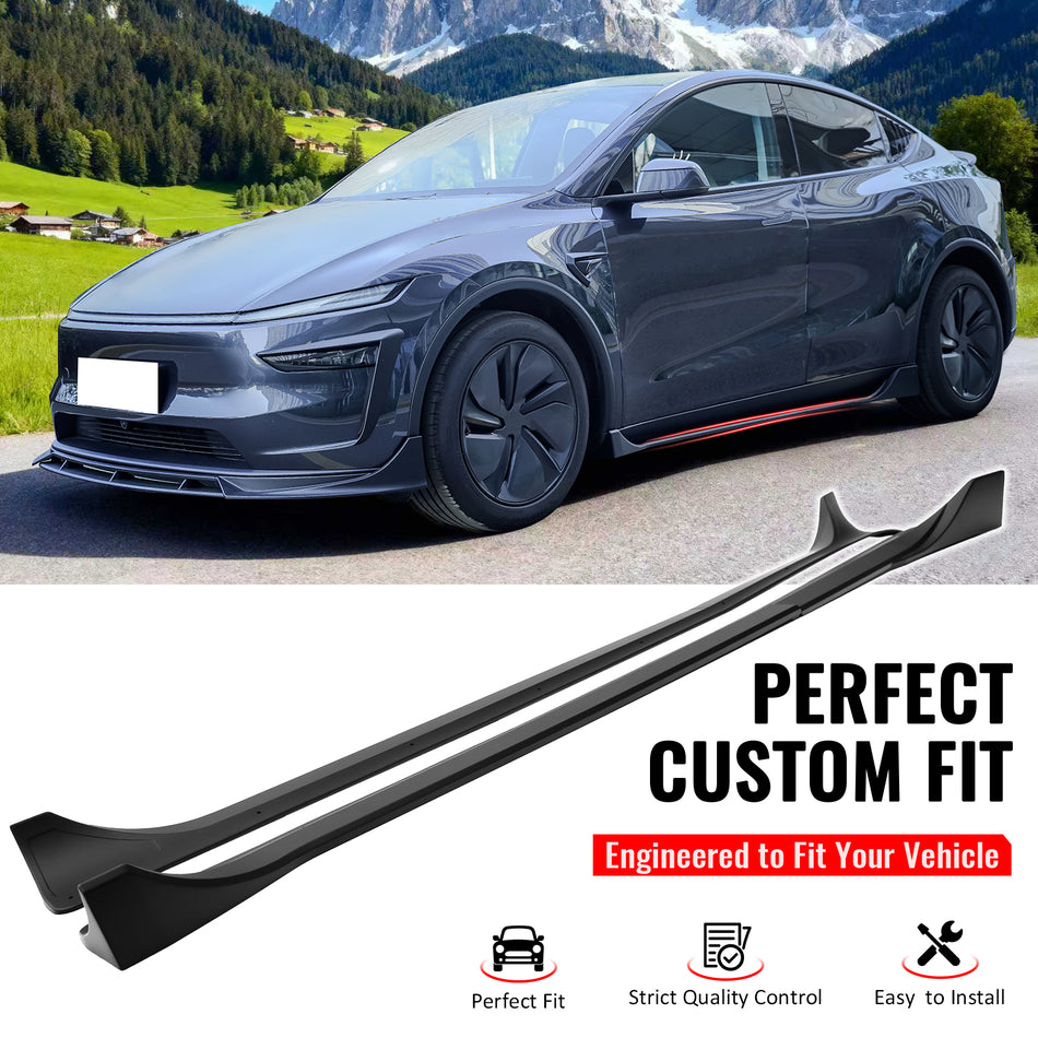 IKON MOTORSPORTS, Side Skirts Extension Compatible with 2025-2026 Tesla Model Y Juniper, IKON Style ABS Plastic Matte Black Rocker Panel Splitter Side Underbody Spoiler