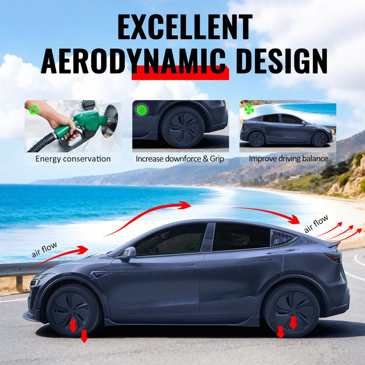 Fits 25-26 Tesla Model Y Juniper Side Skirts Matte Black Rocker Panel Extension